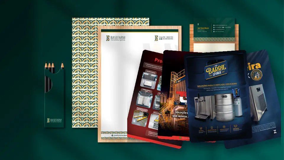 Papelaria da marca Basefarm e catálogos digitais da TSB Metalúrgica e da Barril GP Inox, desenvolvidos pela ROI Digital