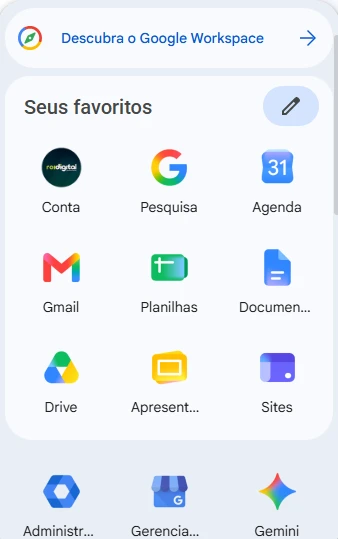 Painel de aplicativos do Google Workspace com Gmail, Agenda, Drive, Planilhas, Documentos e Apresentações