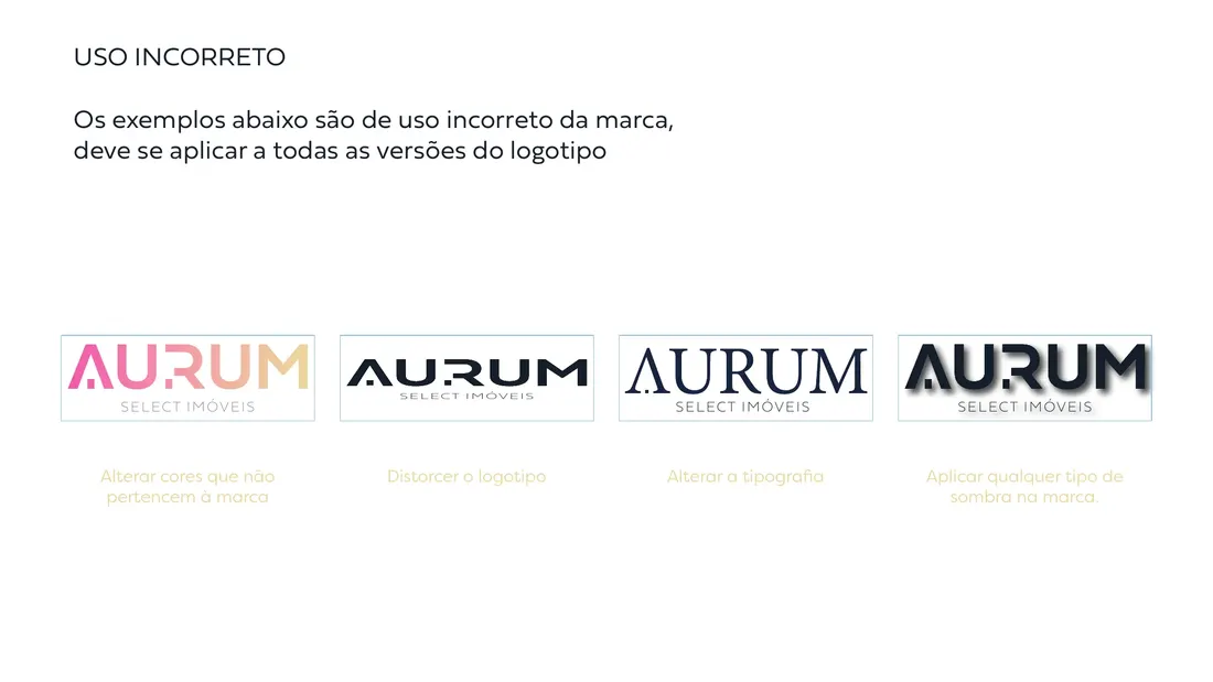 Página de manual de marca mostrando usos incorretos do logotipo, para manter a consistência