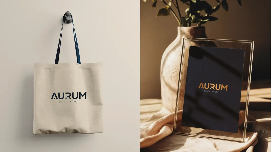 Sacola e quadro com o logotipo da marca Aurum Select Imóveis, aplicação de identidade visual da ROI Digital