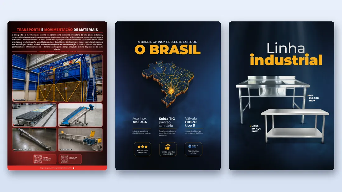 Páginas internas de catálogos digitais da TSB Metalúrgica e da Barril GP Inox, com produtos e linhas de soluções